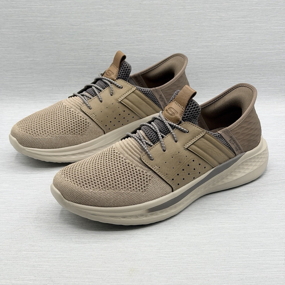 Skechers Men's 9 Shoes Brown Slip Ins Sneakers Hands Free Delson Taupe Walking
